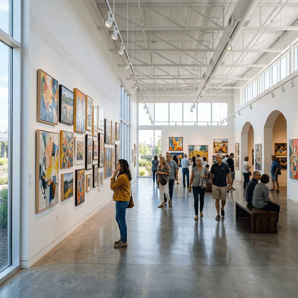 People viewing diverse colorful paintings in a bright modern art gallery